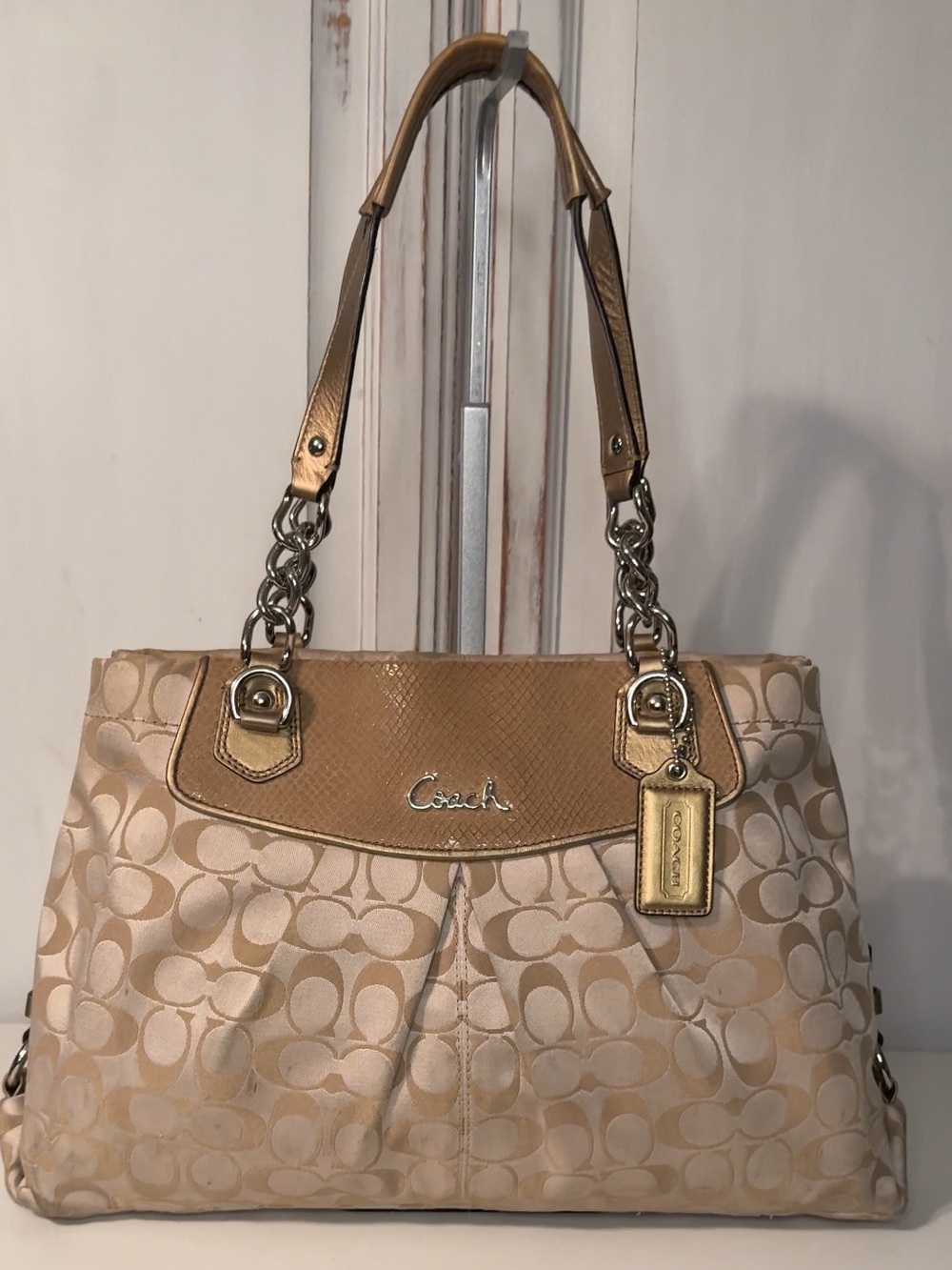 Coach Ashley Signature Sateen Carryall Satchel Bag - Khaki/Gold Python Trim